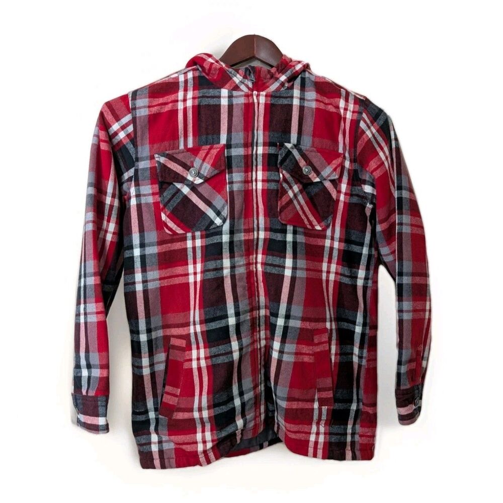 Levis Youth XL 20 Flannel Shacket Hoodie Red Plaid Full Zip Lined Jacket